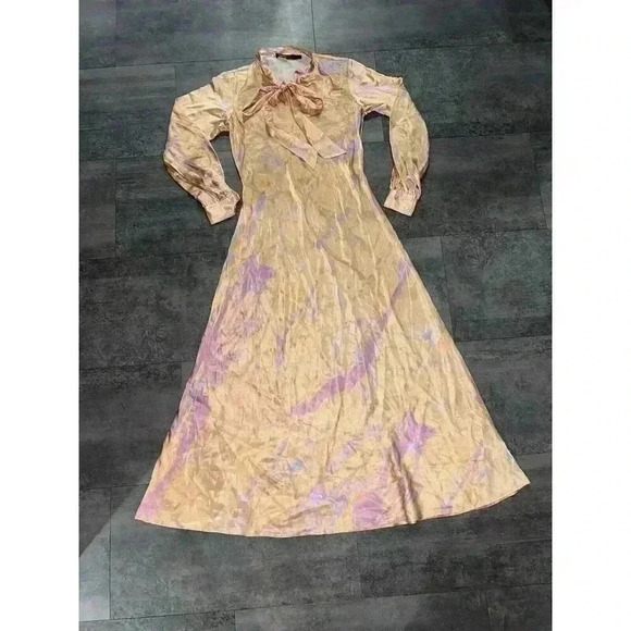 NEW Polo Ralph Lauren Rily 100% Silk Tie Collar Maxi Dress Peach Dye - Picture 2 of 8